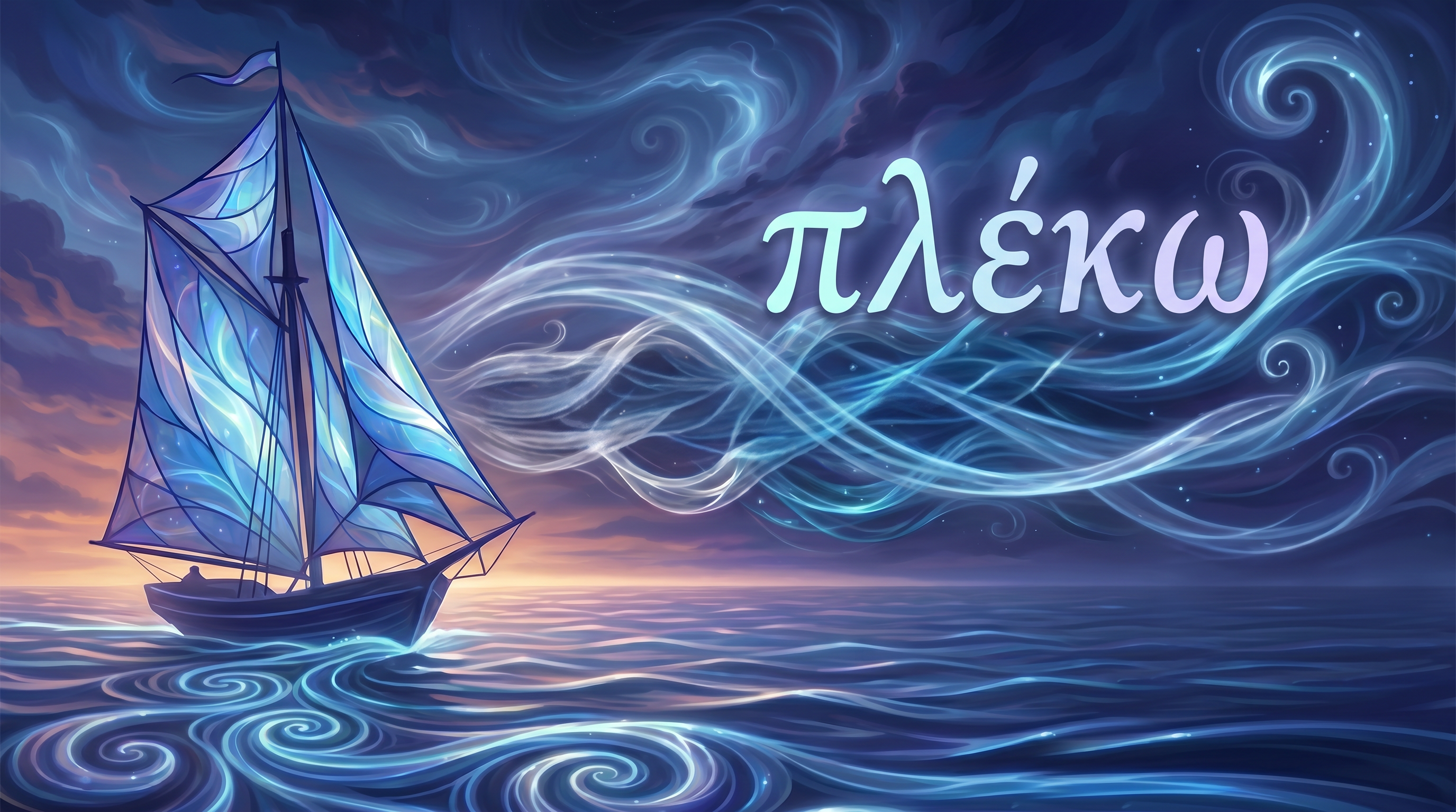 A sailboat with crystalline sails on a swirling, braided sea, with the Greek verb πλέκω — 'I braid' — woven into the wind.