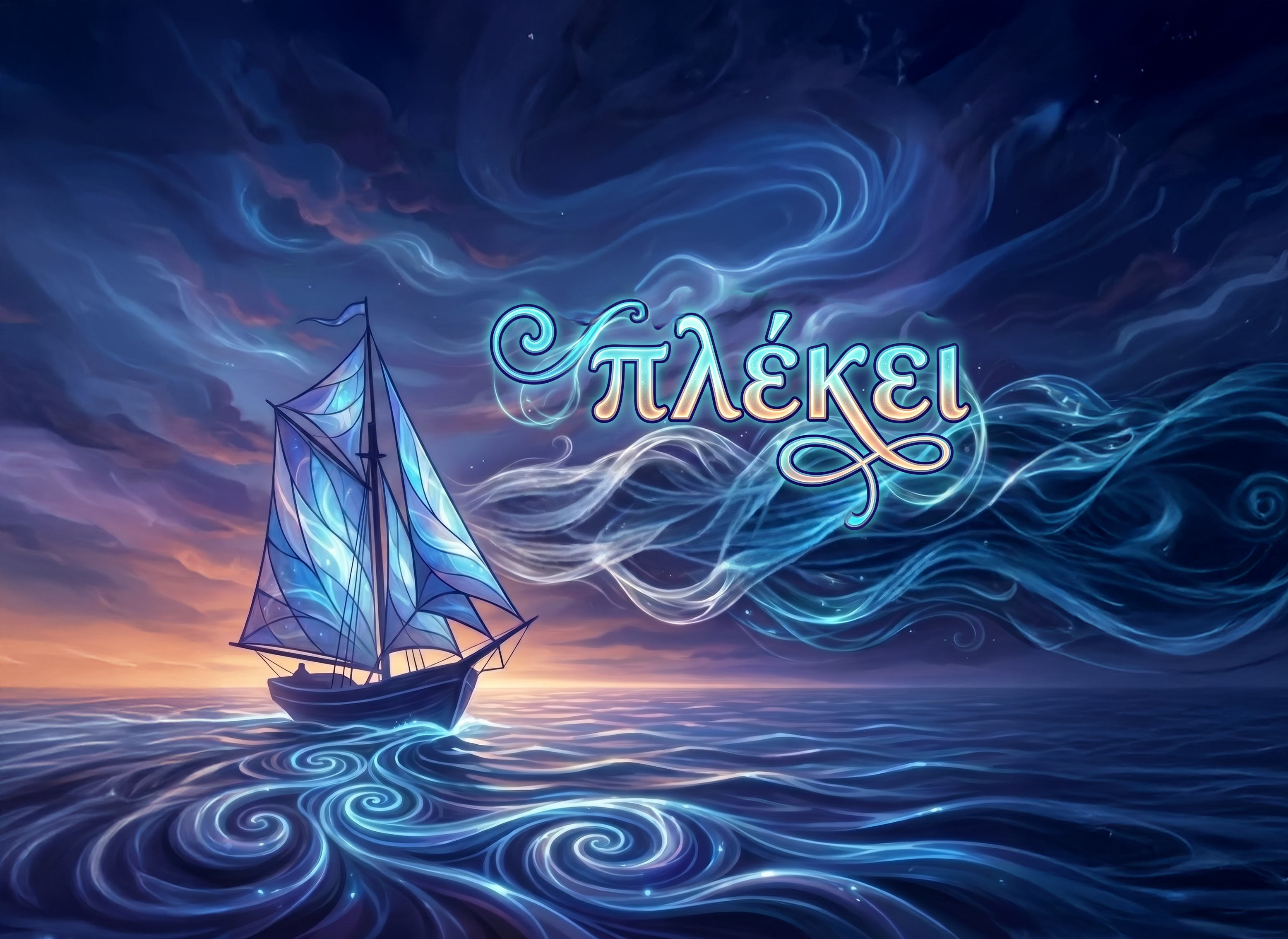 A sailboat on a swirling, braided sea with the Greek verb πλέκει — 'it braids' — woven into the wind.
