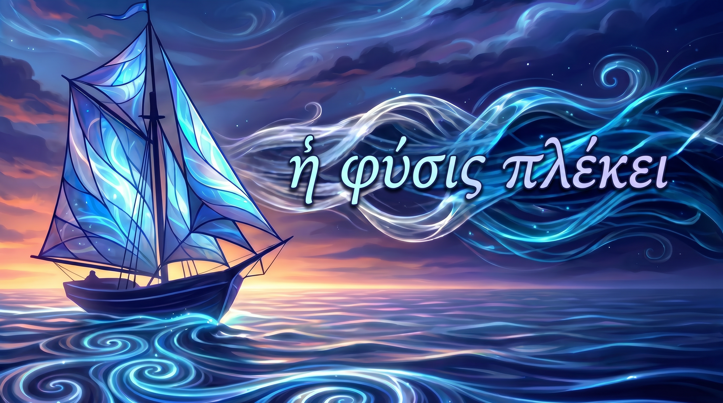 A sailboat with crystalline sails on a swirling, braided sea, with the Greek sentence ἡ φύσις πλέκει — 'Nature braids' — woven into the wind.